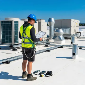 Industrial roofing technician inspecting commercial flat roof membrane system