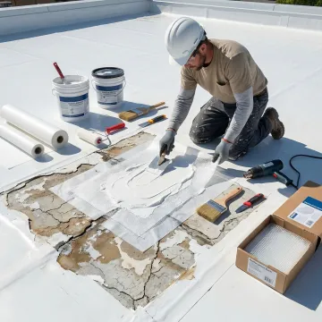 Close-up of industrial roof membrane repair work on commercial facility