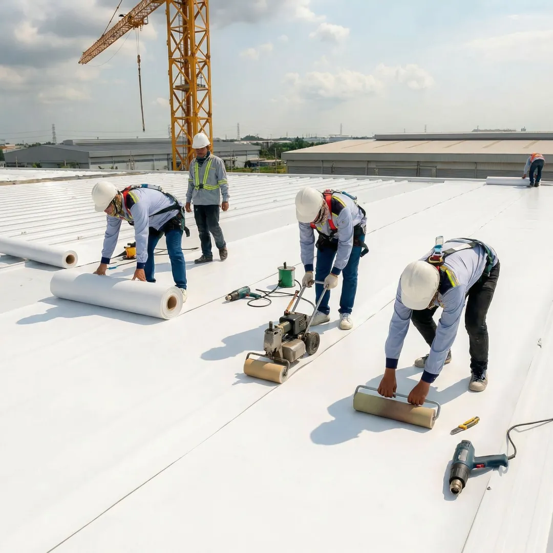 Commercial roofing crew repairing industrial flat roof on manufacturing facility