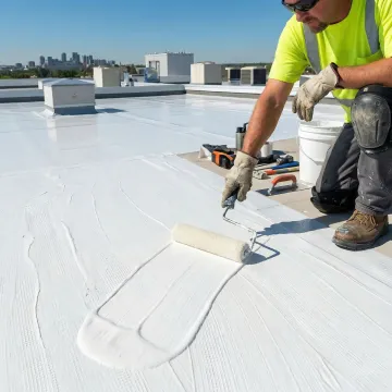 Close-up of industrial roof repair work showing membrane sealing and waterproofing
