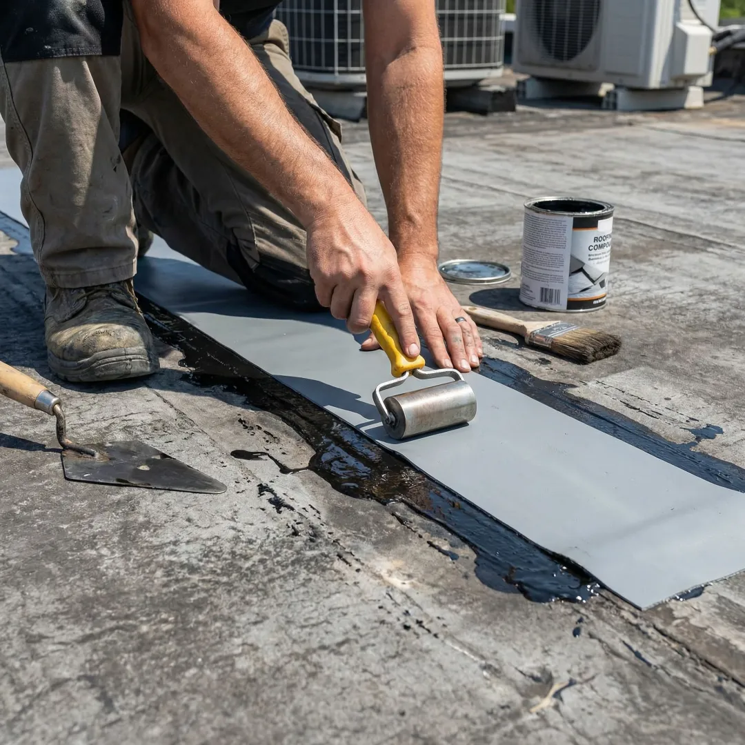 Close-up of industrial roof membrane repair being performed on commercial facility
