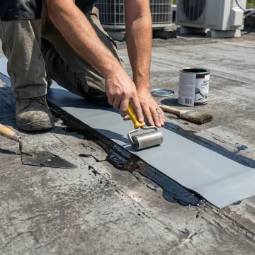 Close-up of industrial roof membrane repair being performed on commercial facility