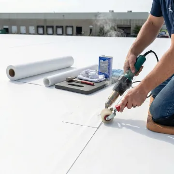 Commercial roofing contractor repairing membrane seam on flat roof
