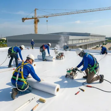 Industrial roofing crew installing single-ply membrane system on manufacturing facility