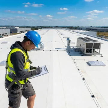 Roofing technician inspecting commercial warehouse roof system