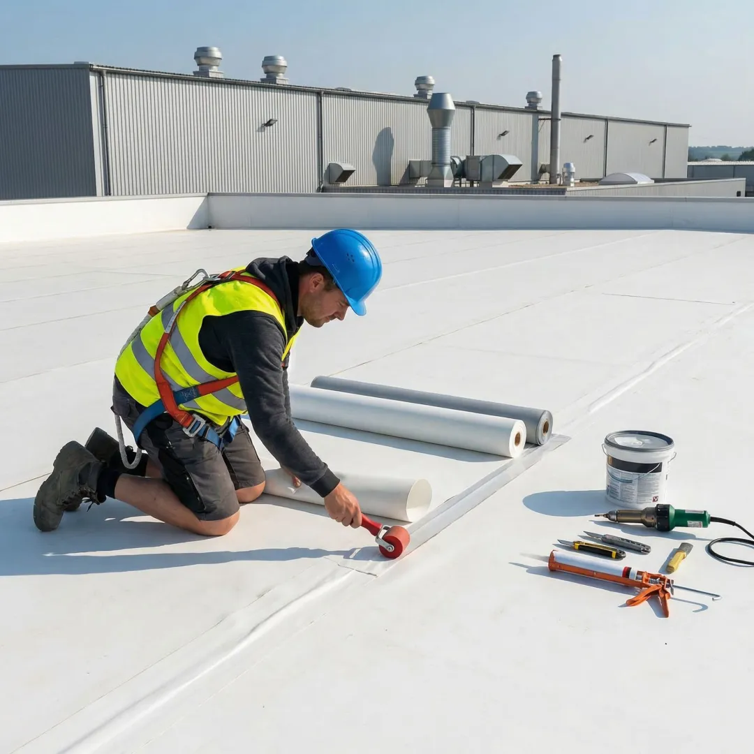 Close-up of industrial roofing repair work showing membrane installation and seam sealing