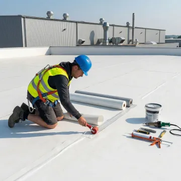Close-up of industrial roofing repair work showing membrane installation and seam sealing
