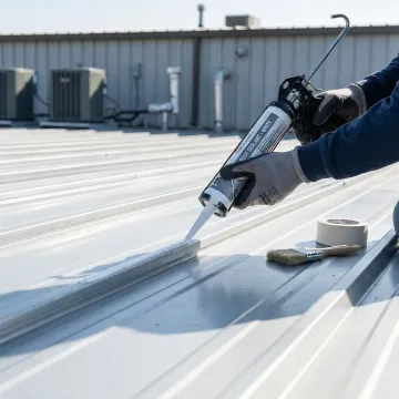 Close-up of industrial roof repair work on metal panels showing professional repair techniques