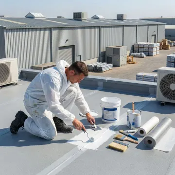 Technician inspecting and repairing flat warehouse roof membrane system