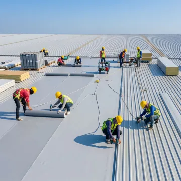 Commercial roofing installation process on a large building