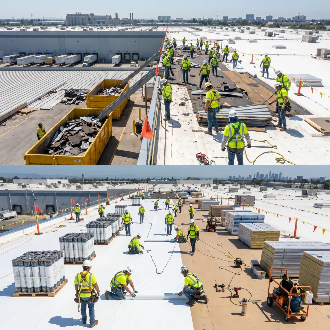 Commercial roofing team replacing a large industrial roof