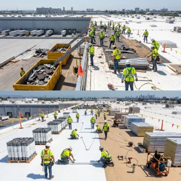 Commercial roofing team replacing a large industrial roof