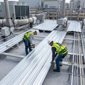 Technicians installing metal roofing on an industrial building