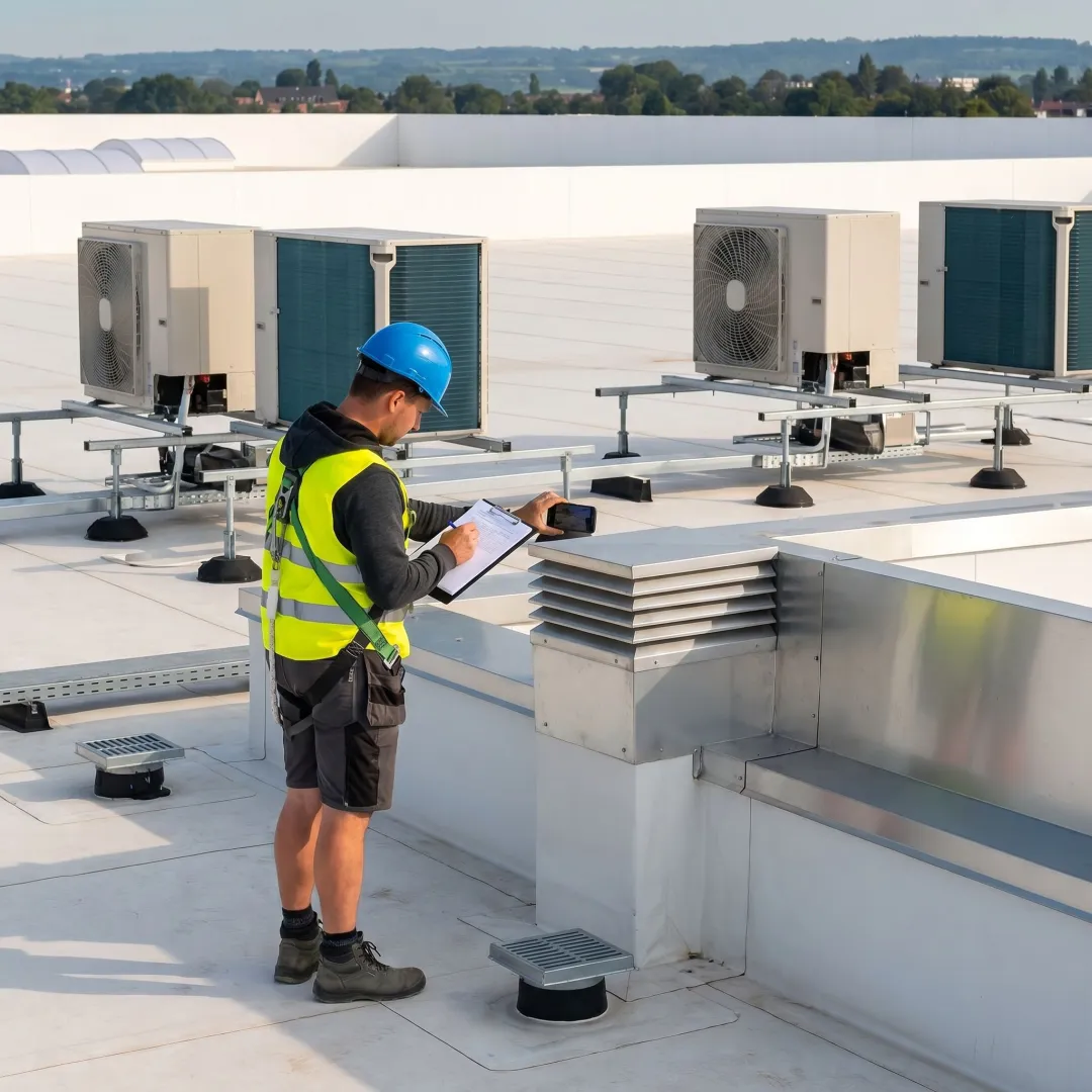 Technician documenting a commercial roof inspection