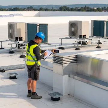 Technician documenting a commercial roof inspection