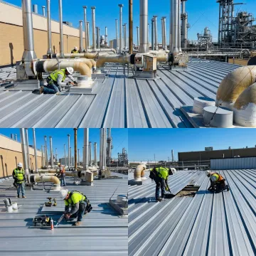 Commercial metal roof repair work in progress