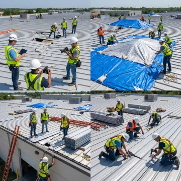 Commercial roofing crew performing storm repair steps