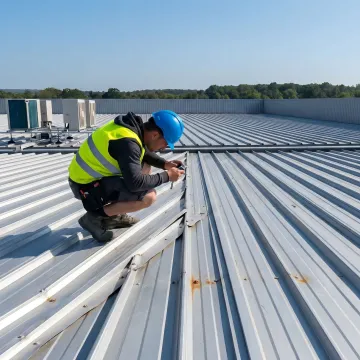 Technician inspecting damaged metal roof panels