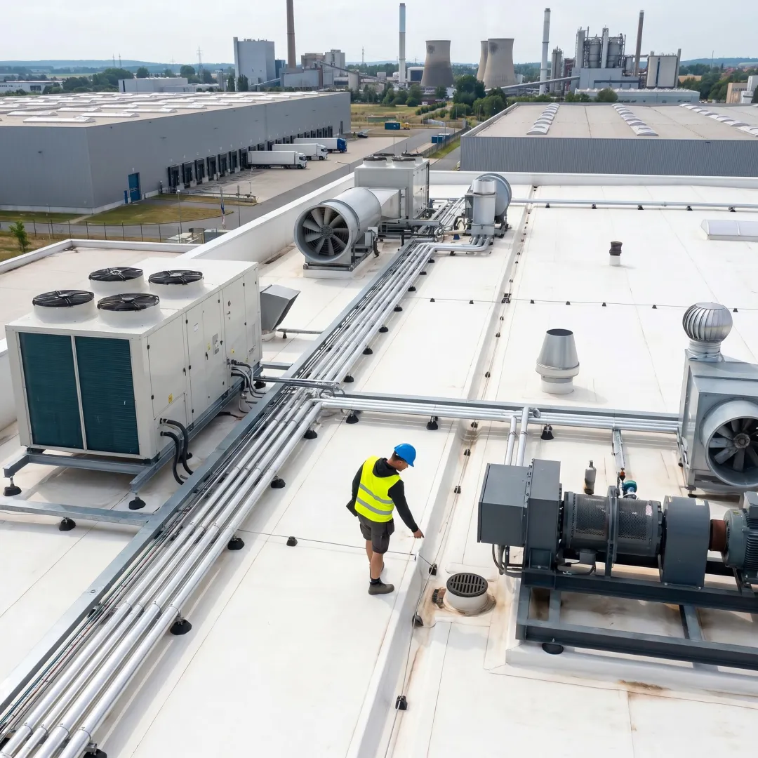 Commercial flat roof inspection on an industrial building