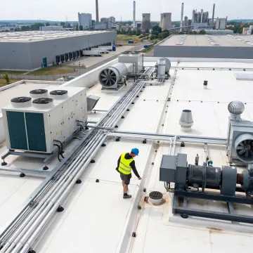 Commercial flat roof inspection on an industrial building