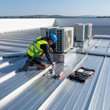 Technician inspecting damaged metal roof seams