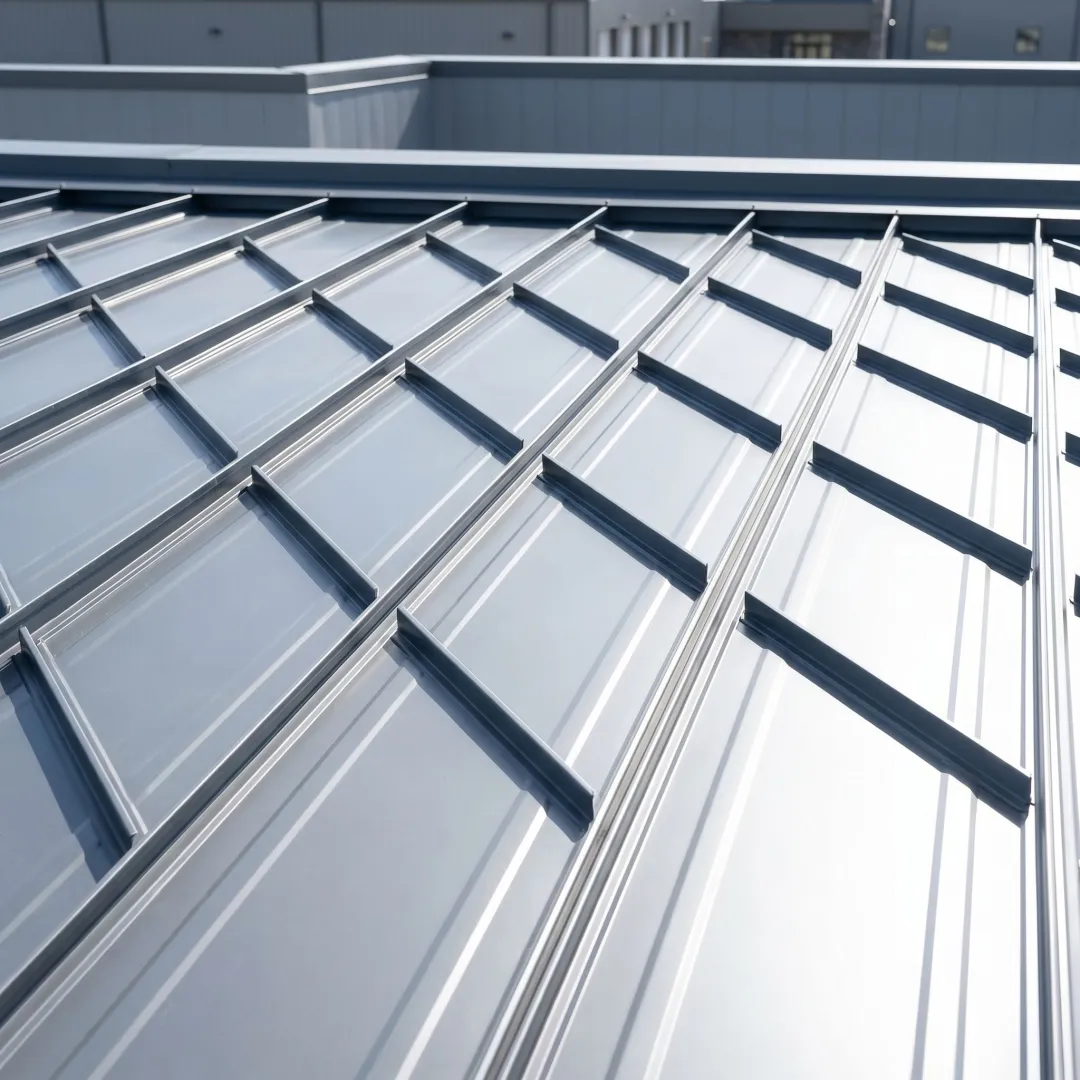 Commercial standing seam metal roof close-up