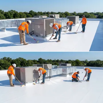 Single-ply membrane roofing installation on a commercial building