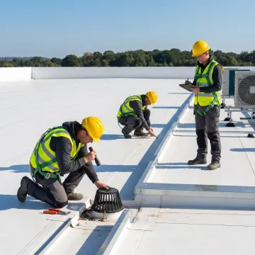 Commercial roof maintenance inspection in progress