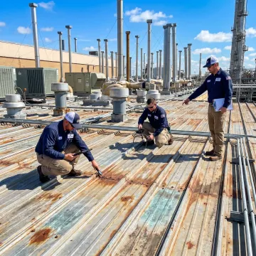 Technicians inspecting a commercial metal roof before replacement