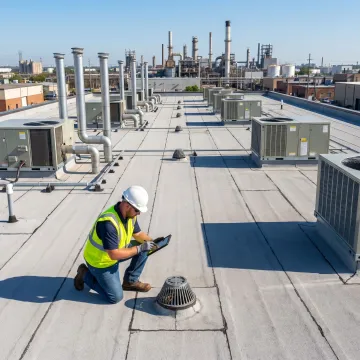 Commercial roof inspection on an industrial building