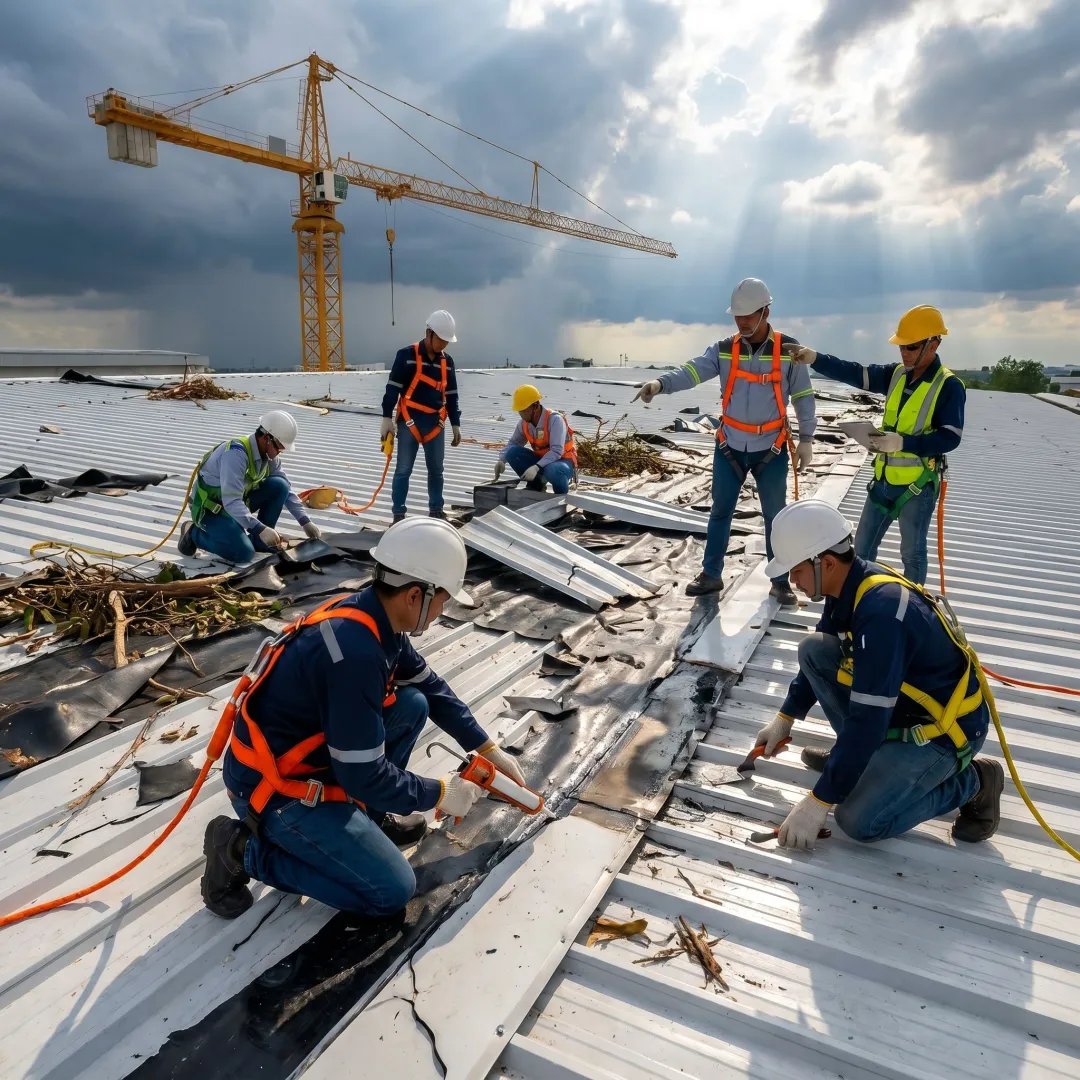 Commercial roofing team repairing storm damage