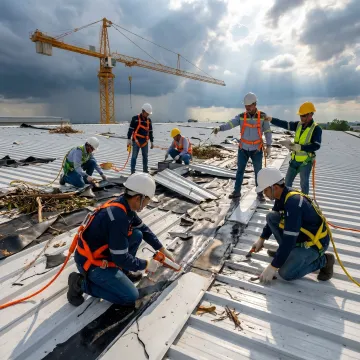 Commercial roofing team repairing storm damage