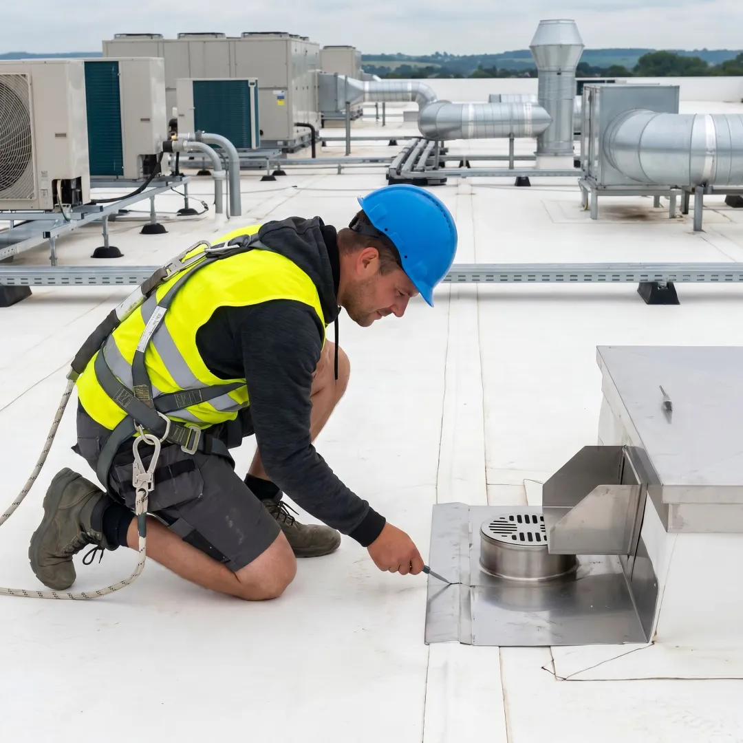 Technician inspecting a commercial flat roof membrane