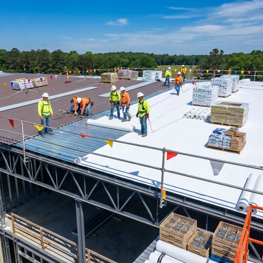 Commercial roofing installation process on new building