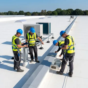 Technicians inspecting a warehouse roof system