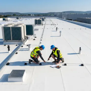 Technician inspecting an industrial roof for waterproofing needs