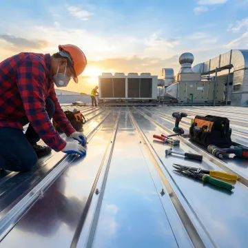 Crew working on an industrial metal roof