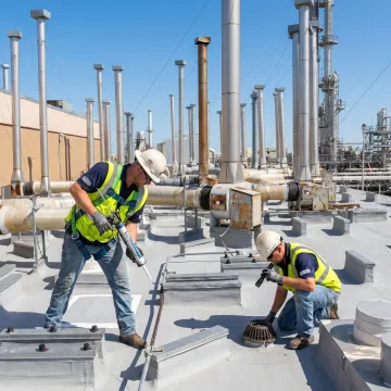 Technician performing routine commercial roof maintenance