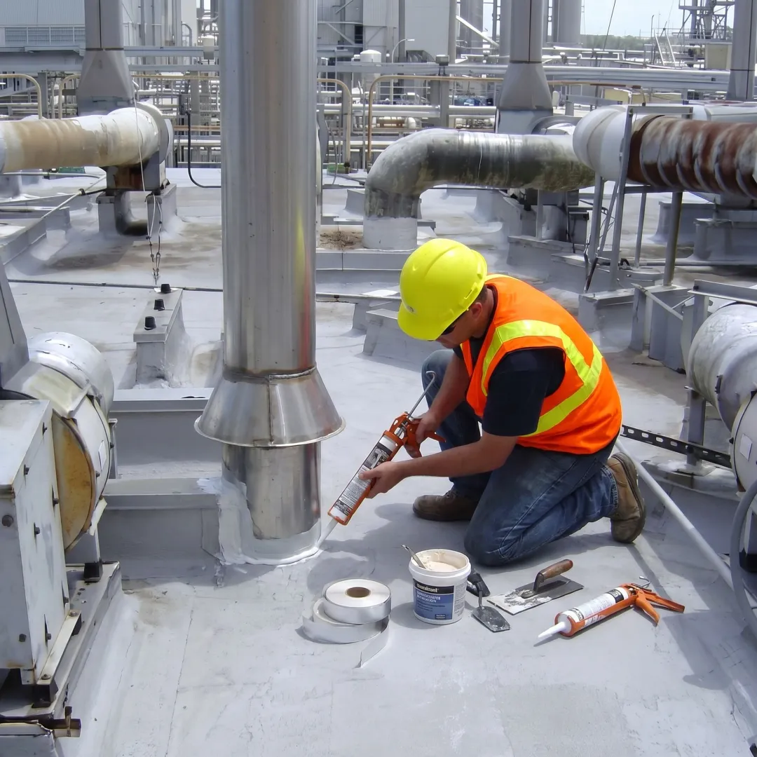 Technician repairing a commercial flat roof leak