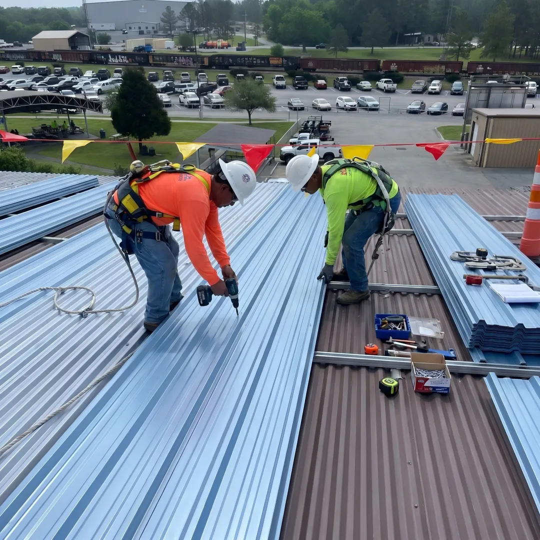 Commercial roofing crew installing replacement metal panels