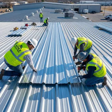 Technicians installing commercial metal roofing panels