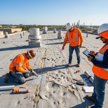 Roofing crew repairing hail-damaged commercial roof