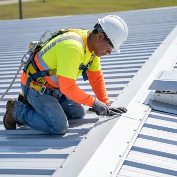 Technician inspecting seams on a commercial metal roof
