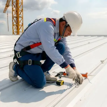 Technician inspecting seams on a commercial metal roof