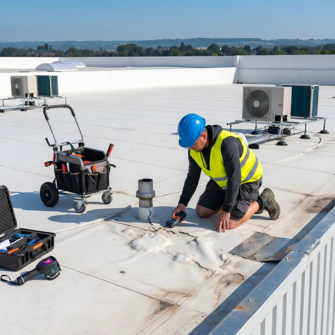 Technician inspecting commercial roof damage