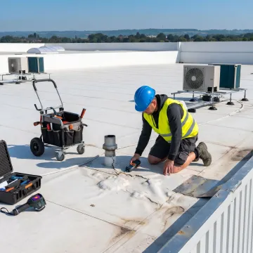 Technician inspecting commercial roof damage