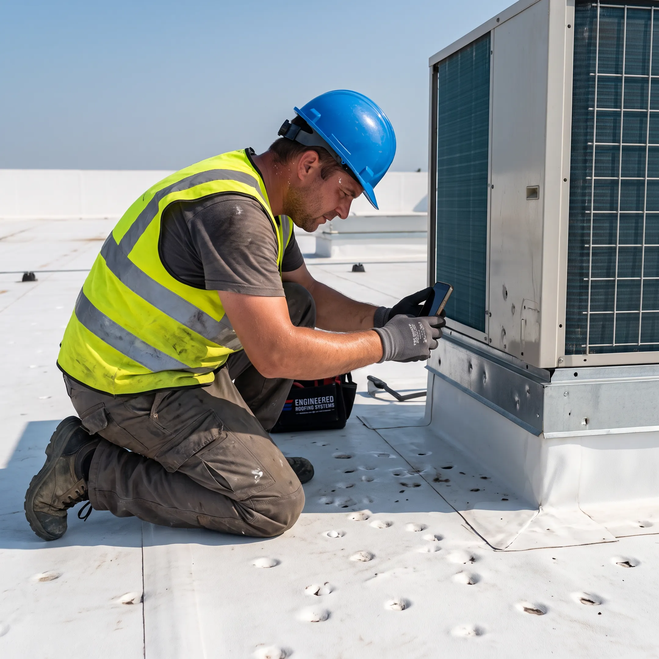 Roofing technician documenting commercial hail damage