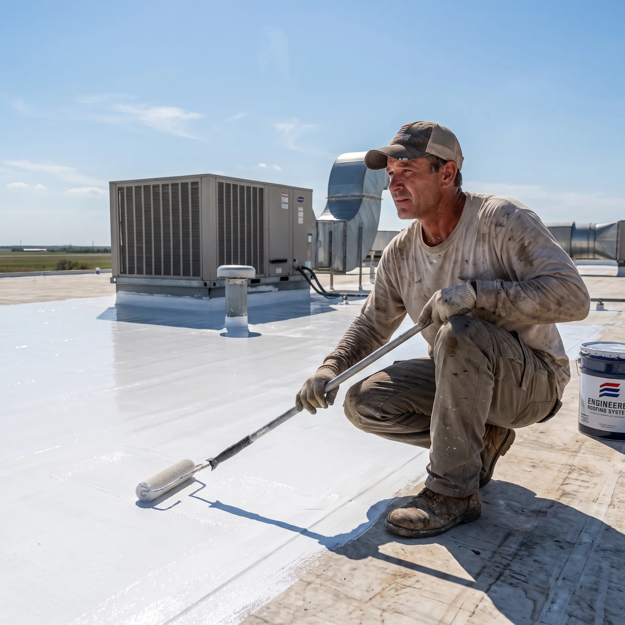 Technician applying protective coating to a commercial roof