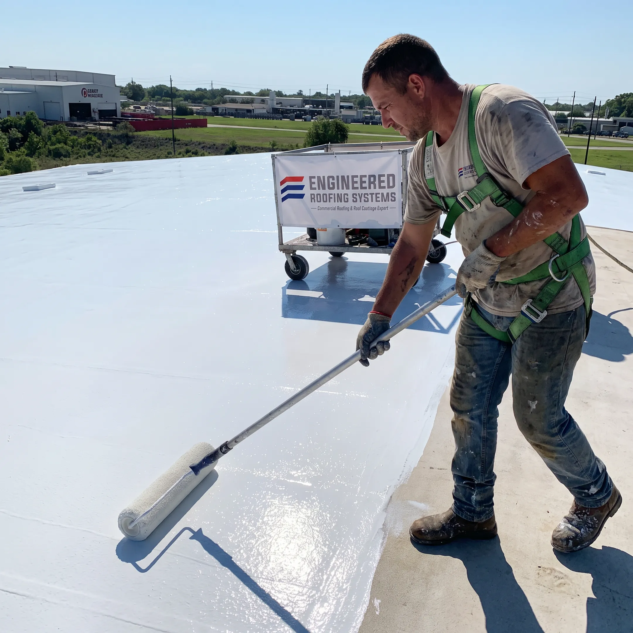 Technician applying protective coating to a commercial roof