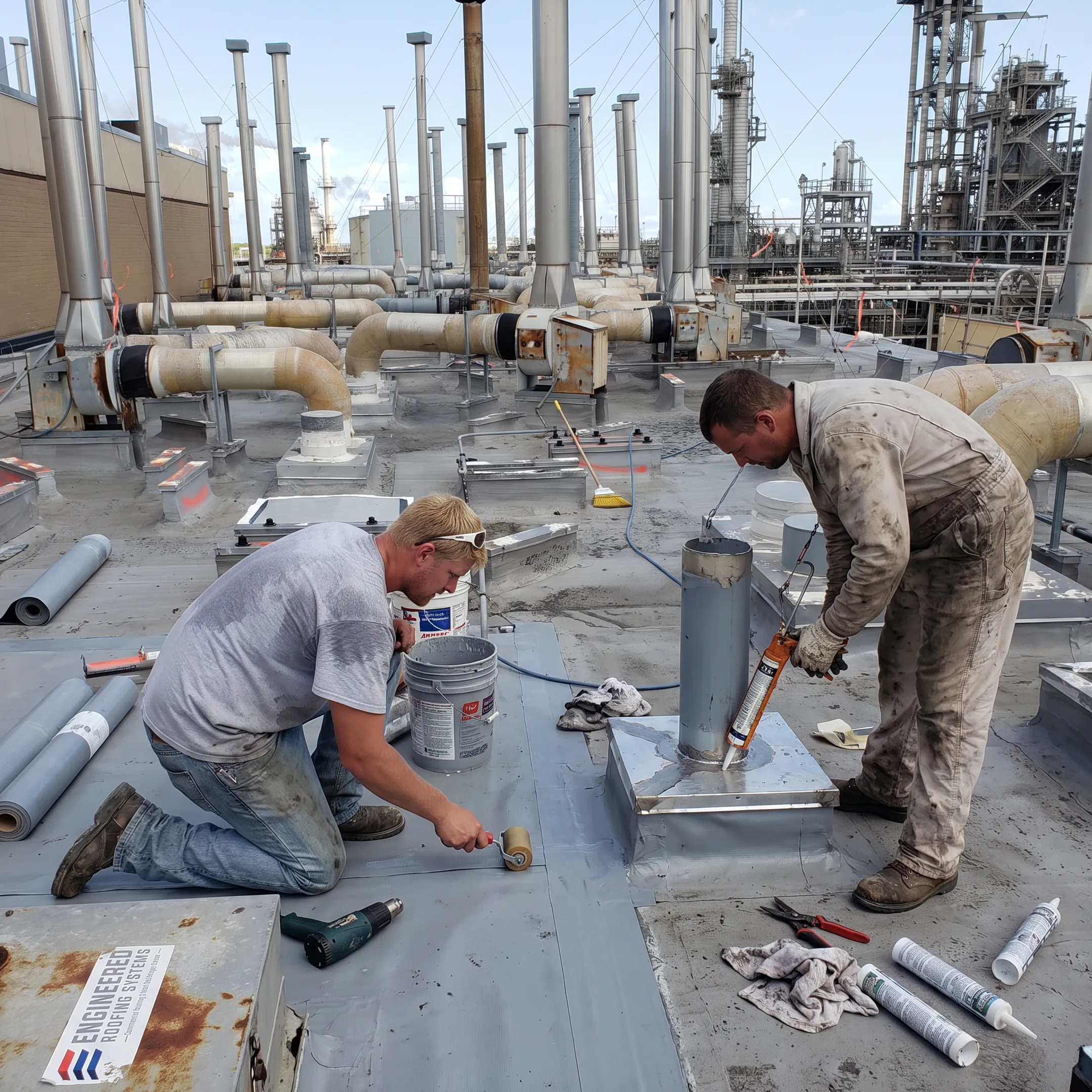 Commercial roofing crew completing a roof repair